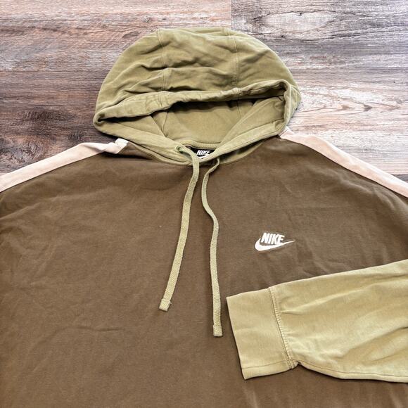 Nike Olive Green Cream Mens M Pullover Swoosh Embroidered Color Block Hoodie - Picture 1 of 7
